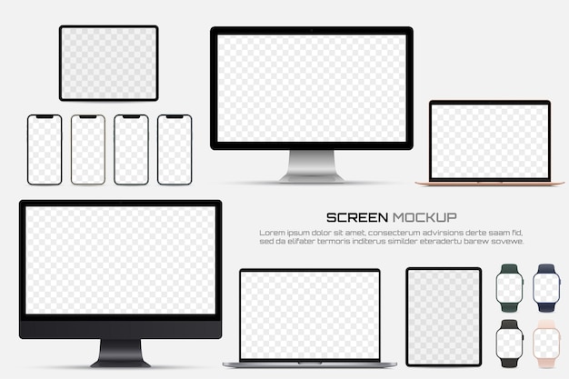 Monitor del computer, laptop, tablet, smartphone e smartwatch con schermo vuoto.
