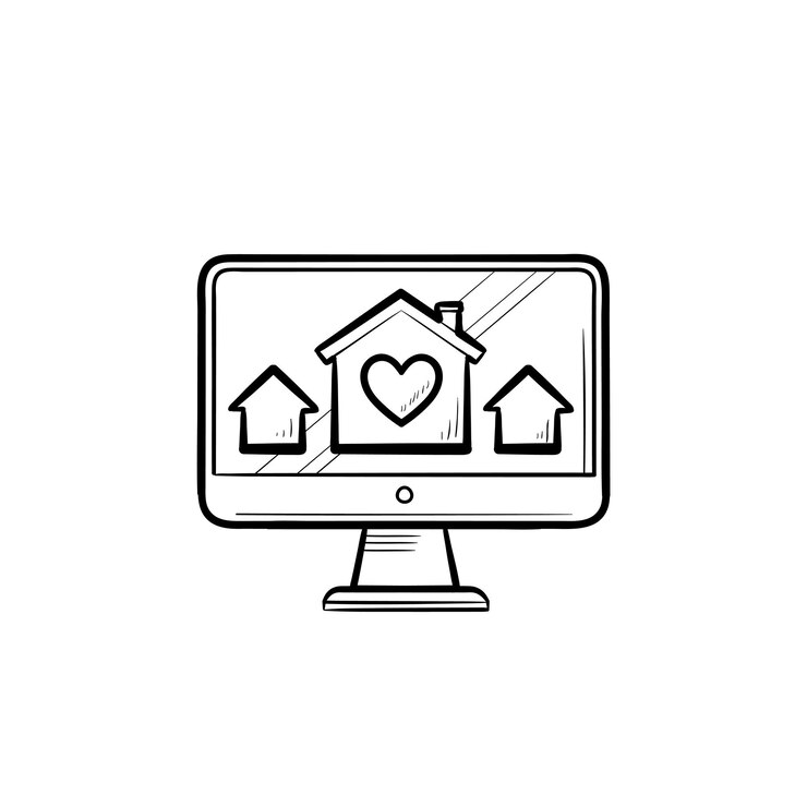 Vettore monitor di computer con case e casa con icona di doodle di contorno disegnato a mano del cuore. concetto di sito web immobiliare. illustrazione di schizzo vettoriale per stampa, web, mobile e infografica su sfondo bianco.