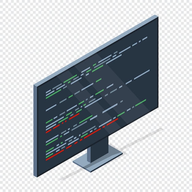 Monitor isometrico con codice di programmazione sullo schermo Concetto di programmazione Sviluppo web Illustrazione vettoriale