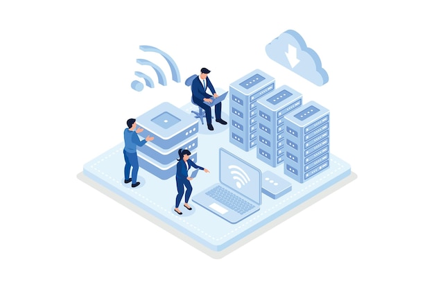 Monitoraggio dei caratteri Archiviazione di big data connessa con il servizio di cloud computing. Sala della fattoria dei server.