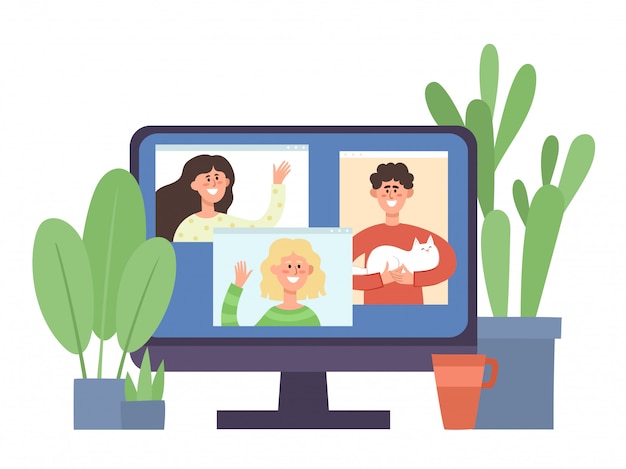 Monitorare con i giovani che comunicano in videoconferenza. Partito di comunicazione online durante l'autoisolamento dal coronavirus, illustrazione di concetto