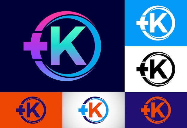 Monogramma iniziale K in un cerchio con croce più Logo medico Logo per attività di farmacia clinica