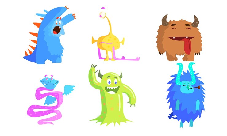 Vettore monsters divertenti e carini set di mostri divertenti e colorati personaggi illustrazione vettoriale su sfondo bianco