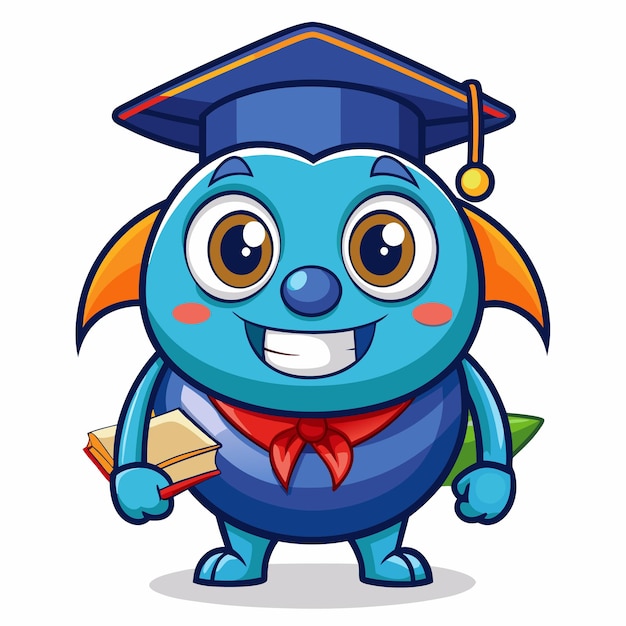 Monstro blu felice con il berretto di laurea che tiene i libri