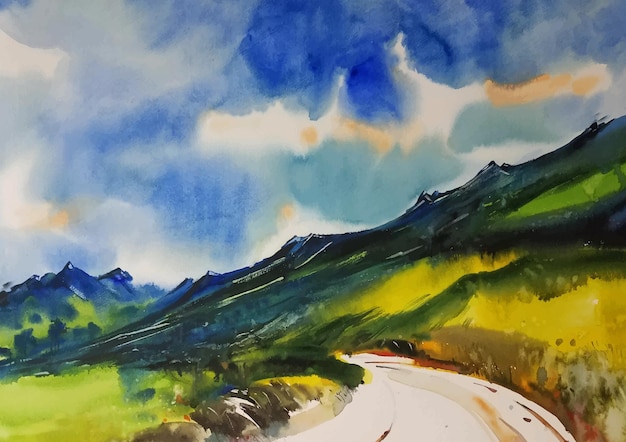 Montagna con pittura ad acquerello di luce pomeridiana