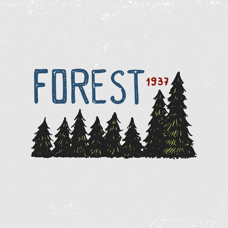 Vettore montagne della foresta di conifere e logo in legno campeggio e paesaggi di natura selvaggia con alberi di pino e colline emblema o badge tenda turistica orso bruno viaggio per etichette vintage incise disegnate a mano