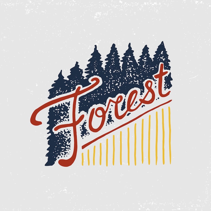 Vettore montagne della foresta di conifere e logo in legno campeggio e paesaggi di natura selvaggia con alberi di pino e colline emblema o badge tenda viaggi turistici per etichette incise disegnate a mano nel vecchio schizzo vintage