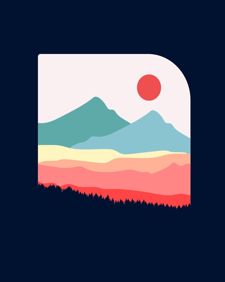 Montagne e gradazioni, disegni al tratto, illustrazioni vettoriali, distintivi, spille, t-shirt, stampa