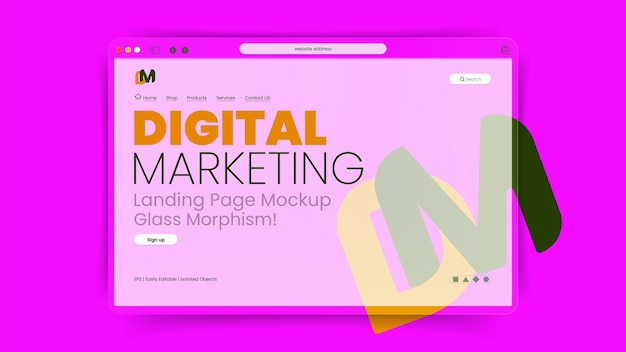 Morfismo di vetro trasparente mockup della pagina di destinazione del sito web di marketing digitale sul famoso sfondo viola