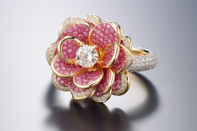 Morganite e anello di diamante in oro rosa e oro bianco isolato su sfondo bianco