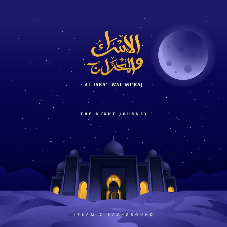 Vettore moschea isra miraj sotto la luce della luna stile cartone animato colore blu sfondo islamico banner per social media