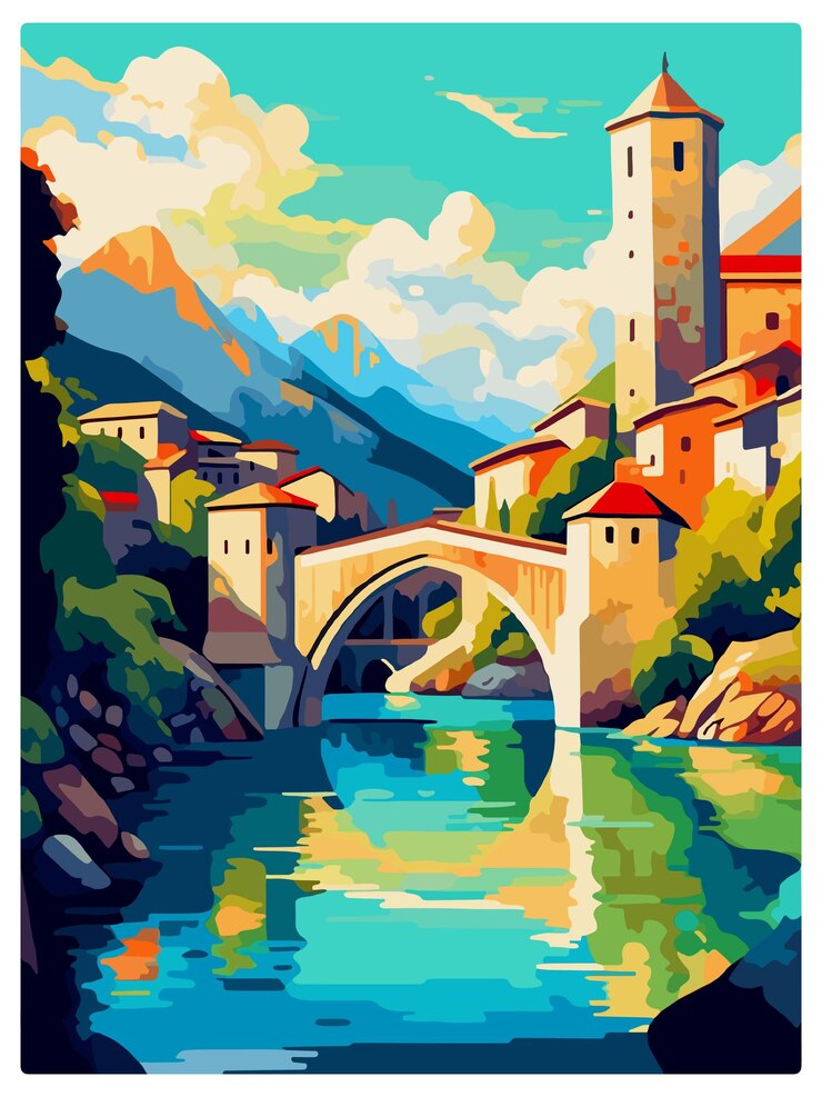Vettore mostar bosnia ed erzegovina vintage travel poster wall art print souvenir postcard portrait wpa