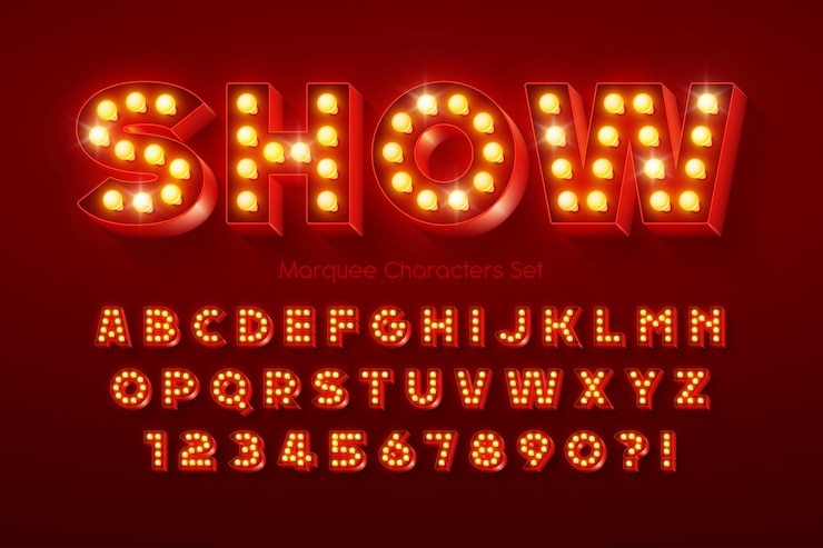 Mostra il design dell'alfabeto, il tendone, le lettere e i numeri delle lampade a LED. Controllo colore campione