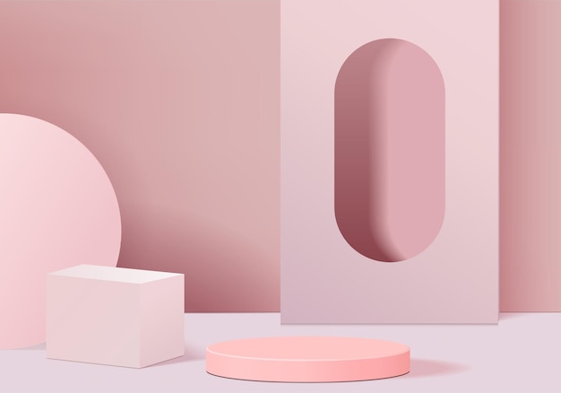 mostra la scena minima astratta del prodotto con la piattaforma geometrica del podio. rendering di sfondo del cilindro con podio. stanno per prodotti cosmetici. Vetrina del palco su piedistallo rosa studio