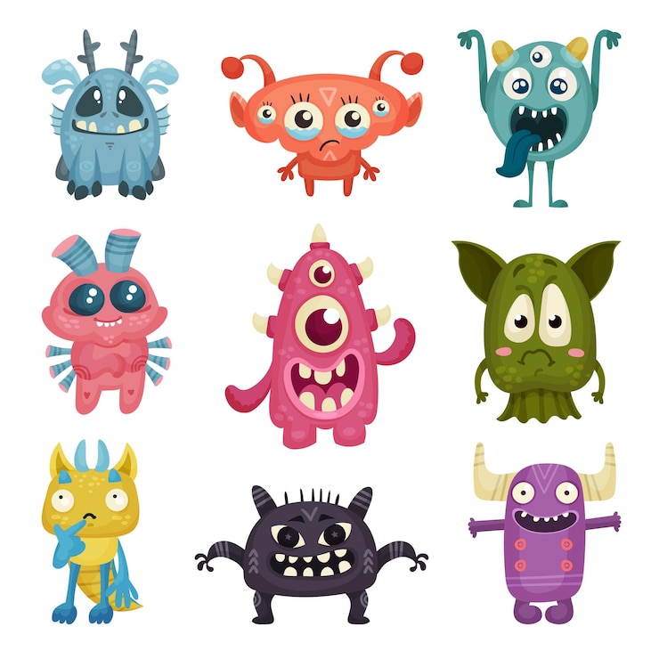 Vettore mostri di cartoni animati colorati con emozioni diverse sul loro muso set vettoriale collezione di creature amichevoli a fumetti