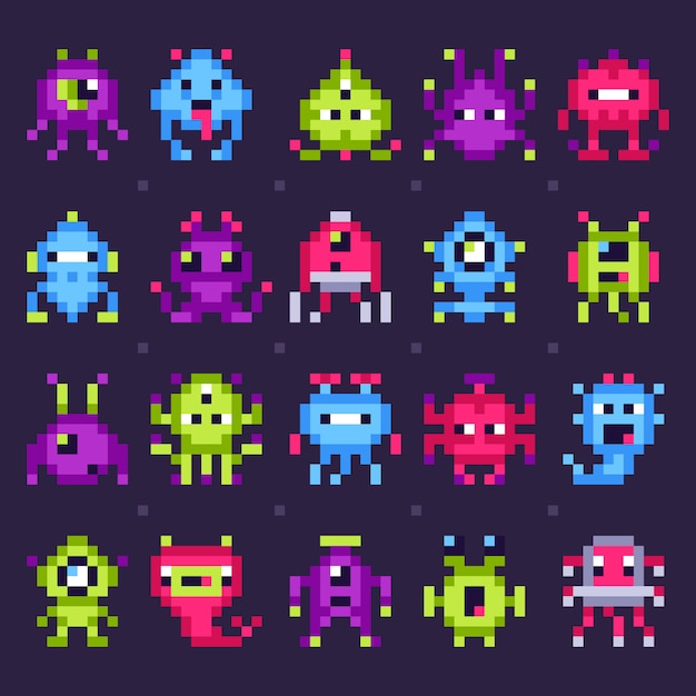 Mostri spaziali pixel. Robot videogiochi arcade, invasori retrò gioco pixel art isolato insieme