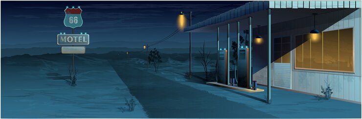 Vettore motel nel deserto e nella notte
