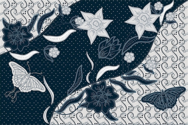 Motivi floreali batik tradizionali, batik blu per modelli in tessuto