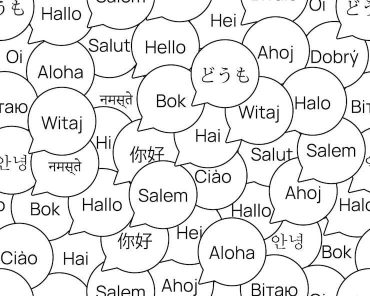 Vettore motivo a bolle ciao in diverse lingue imparare i saluti nelle lingue del mondo parola in chat folla