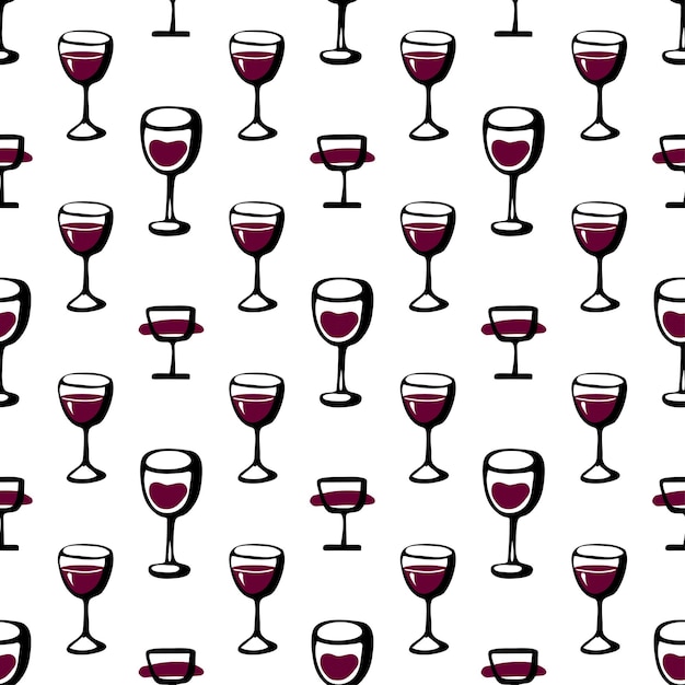 Motivo a doodle senza cuciture con un paio di bicchieri di vino applausi isolati su bavkground nero scuro Illustrazione dello schizzo vettoriale