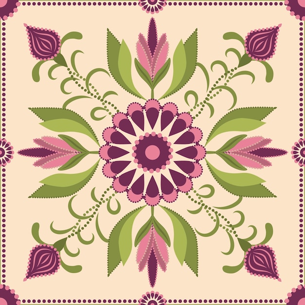 Motivo arabescato con piastrelle quadrate con fiore rosa e boccioli con foglie verdi su sfondo beige
