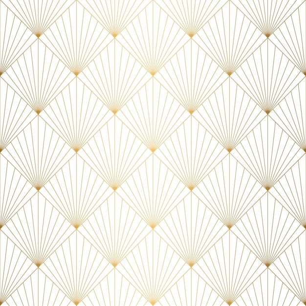 Motivo Art Déco Sfondo bianco e oro senza soluzione di continuità Conchiglie o squame metalliche Ornamento in pizzo Design geometrico minimalista Linee vettoriali Motivi degli anni '20 e '30 Illustrazione vintage di lusso Ornato di nozze