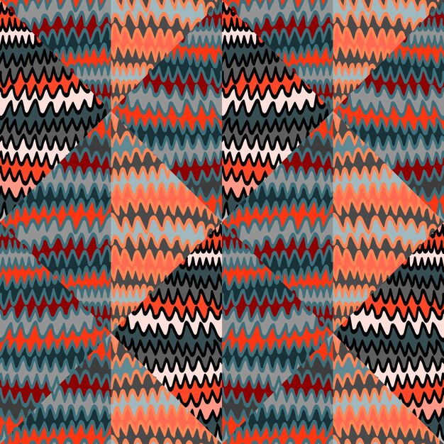Motivo astratto a onda a zig zag senza cuciture Ornamento a mosaico con linee disegnate a mano Carta da parati con stampa a strisce retrò