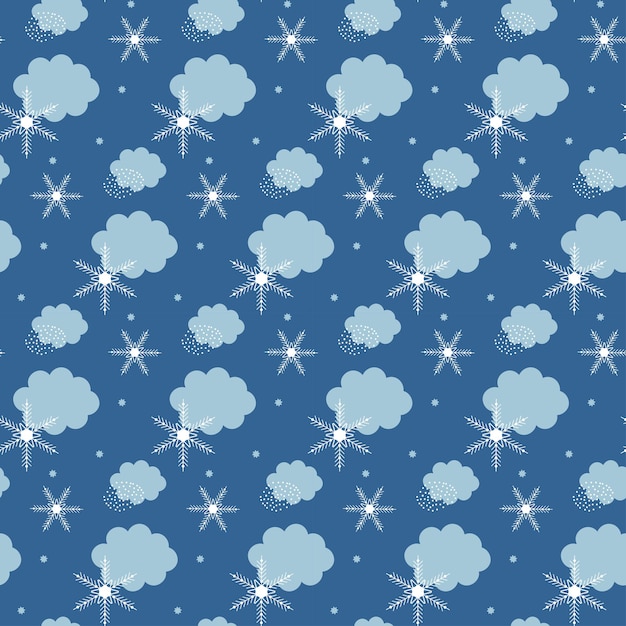Motivo astratto blu senza cuciture con fiocchi di neve e nuvole Sfondo di texture invernali disegnate a mano