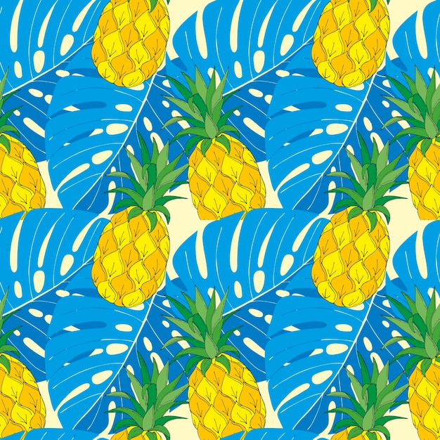 Motivo estivo con doodle di ananas e foglie di monstera blu