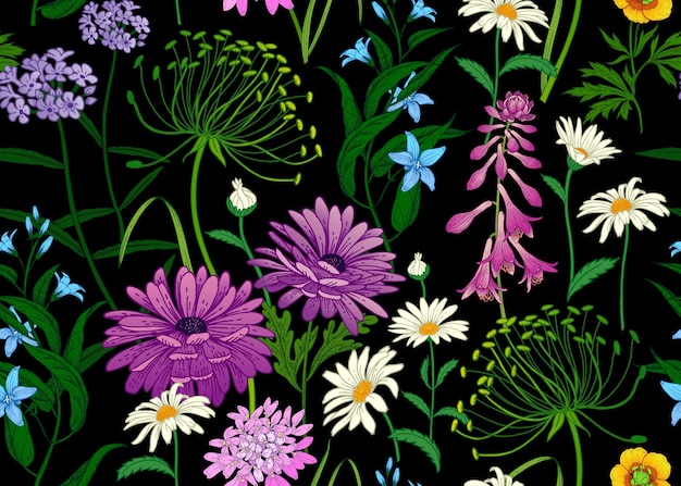 Motivo estivo senza cuciture con fiori selvatici su sfondo nero