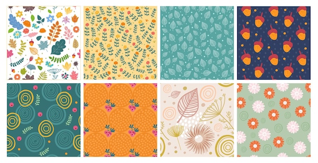 Motivo floreale autunno senza soluzione di continuità Fiori e foglie primaverili Tessuto bambino astratto ragazza carina prato giardino stampa collezione estate bambini tessile Carta da imballaggio e carta da parati design Set vettoriale