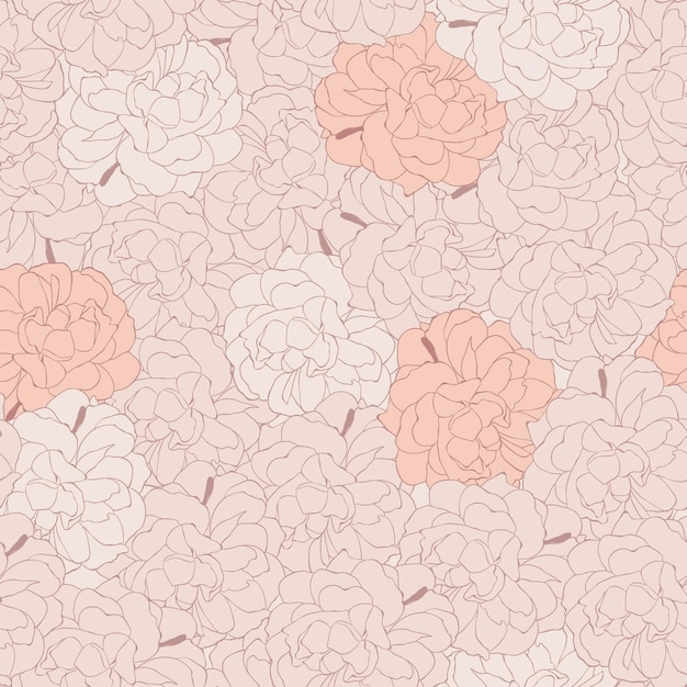 Motivo floreale delicato senza cuciture con vettore di peonie disegnate contorni