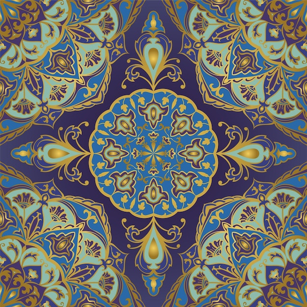 Motivo floreale indiano con mandala. Design blu orientale per tessuti, tappeti, scialle.
