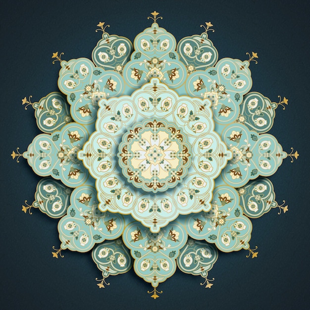 Motivo floreale mandala arabesco turchese chiaro su blu scuro