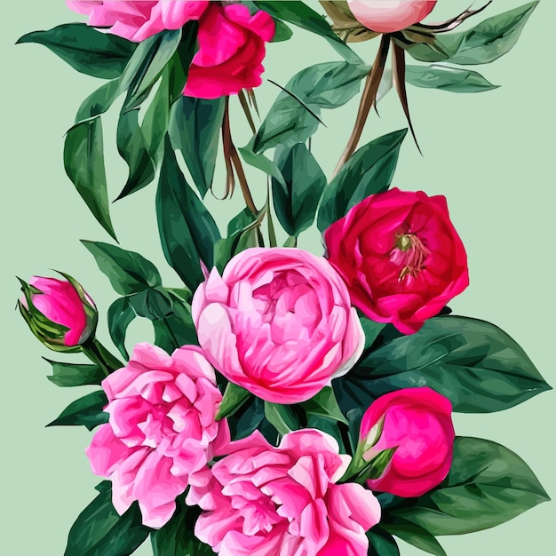 Motivo floreale senza cuciture con fiori di peonie rosa e foglie verdi colorate