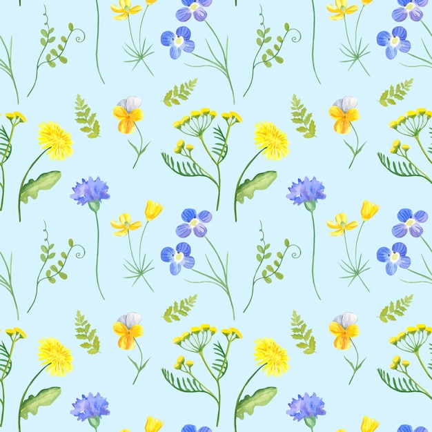 Motivo floreale senza cuciture di fiori selvatici acquerello su sfondo blu