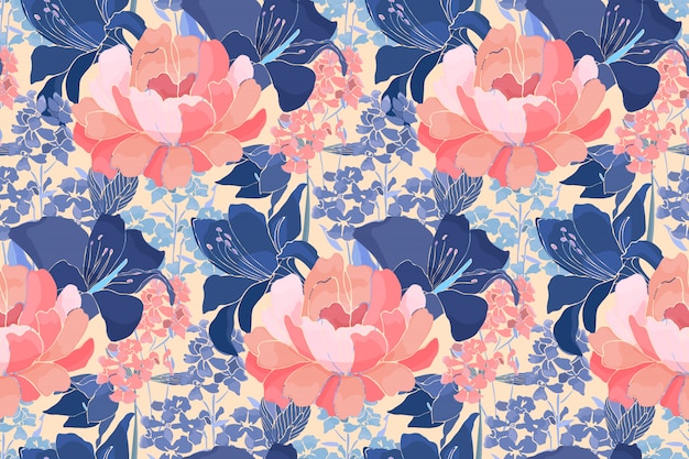 Motivo floreale senza soluzione di continuità Peonia rosa, fiori di giglio blu, gemme isolati su sfondo avorio. Per tessuti per la casa, tessuto, design per carta da parati, accessori, carta digitale.