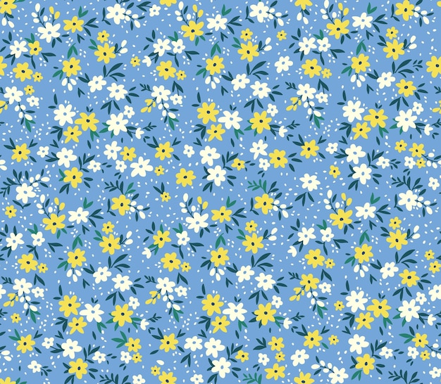 Motivo floreale senza soluzione di continuità per il design Piccoli fiori gialli e bianchi Sfondo blu