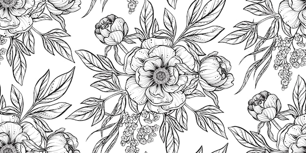 Motivo floreale vettoriale senza cuciture Sfondo romantico ed elegante senza fine con fiori di peonia disegnati a mano