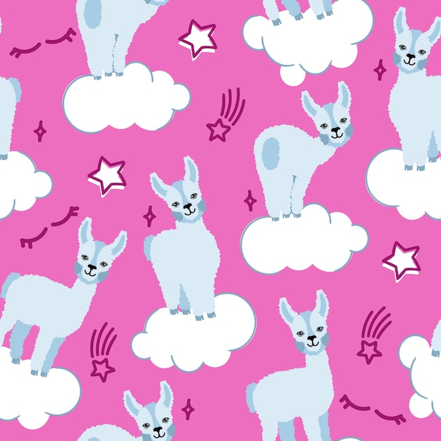 Motivo lama alpaca su sfondo rosa con nuvole e stelle Per la stampa su tessuti