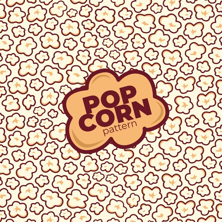 Vettore motivo pop corn per confezionare snack. scarabocchiare i popcorn. motivo a fiocchi soffici di popcorn.