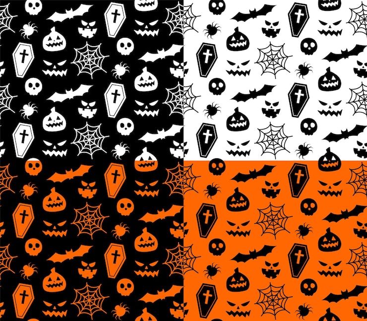 Vettore motivo ripetuto senza soluzione di continuità con i simboli di halloween. progettazione di sagome per la festa di halloween. per cartolina, tessuto, banner, modello, carta da imballaggio. illustrazione piana di vettore.