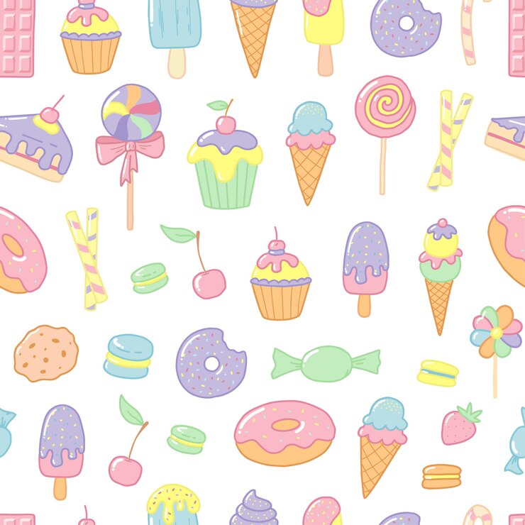 motivo senza cuciture con graziosi scarabocchi di snack dolci disegnati a mano