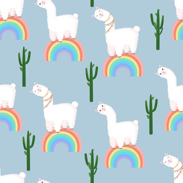 Motivo senza cuciture con lama su un arcobaleno con cactus Illustrazione vettoriale per tessuti per bambini