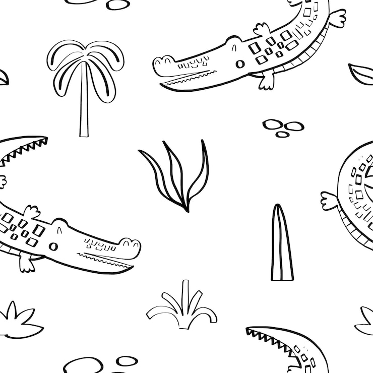 Vettore motivo senza cuciture con simpatici coccodrilli e elementi della natura africana in stile doodle illustrazione vettoriale per il tuo design