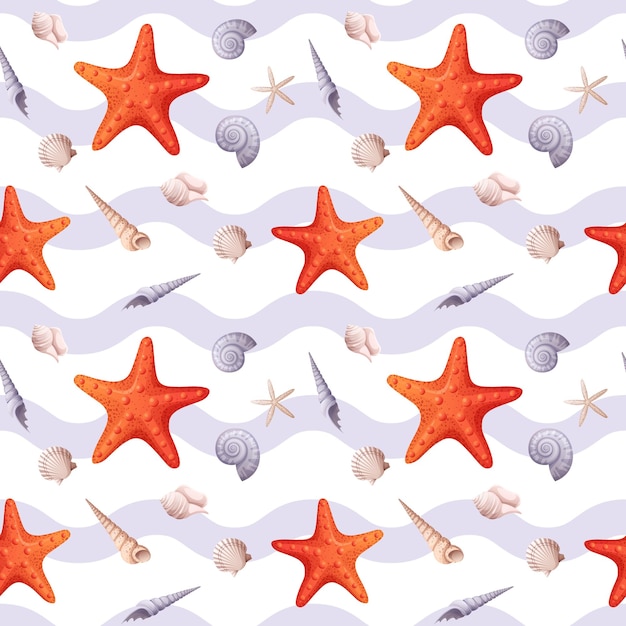 Motivo senza cuciture con stelle marine e conchiglie con motivo ondulato Simpatico motivo per bambini per carta