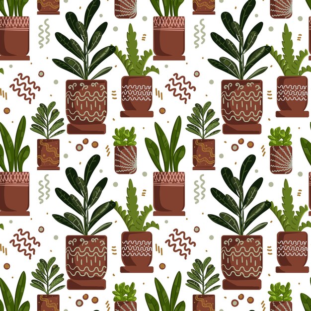 Motivo senza cuciture per piante da appartamento Decorazioni per la casa alla moda con illustrazione vettoriale di piante Fiori in vaso in stile hygge dal design degli interni della casa
