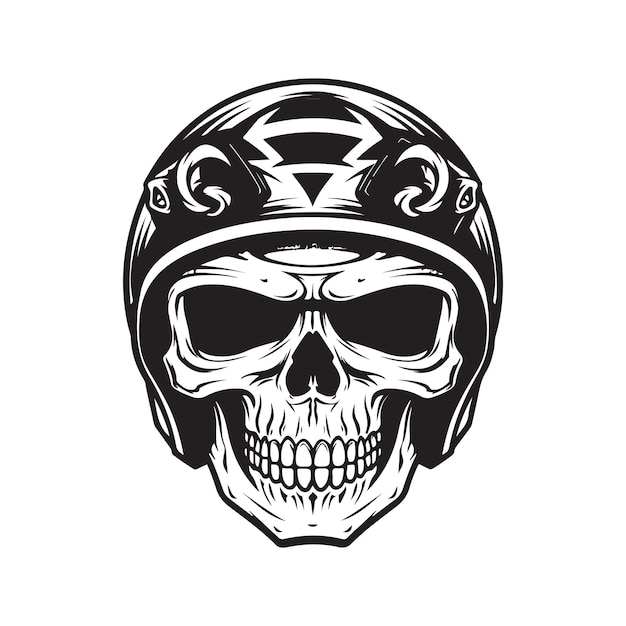 Motociclista del cranio che indossa l'illustrazione disegnata a mano di colore bianco e nero di concetto di logo del casco