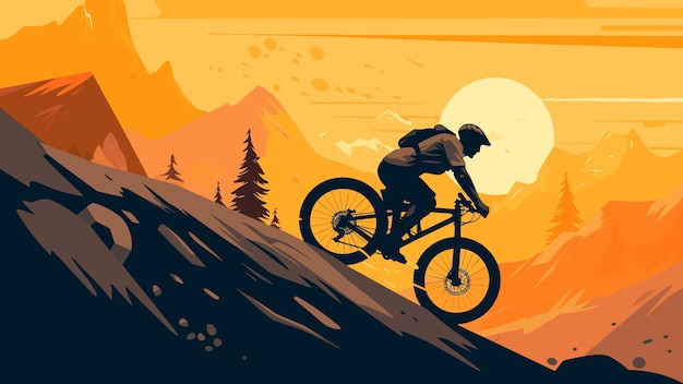 Motociclista estremo in discesa su sfondo di natura montuosa durante il tramonto illustrazione vettoriale