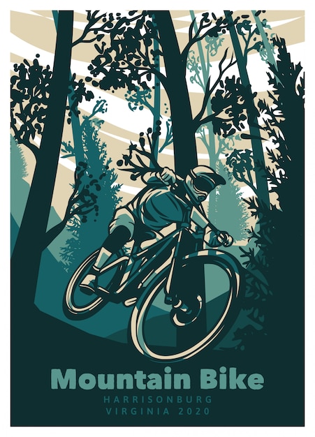 Mountain bike nel modello di poster vintage foresta